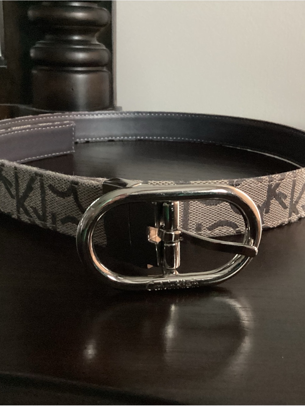 Calvin Klein Reversible Gray Monogram Canvas Belt with Silver Oval Buckle